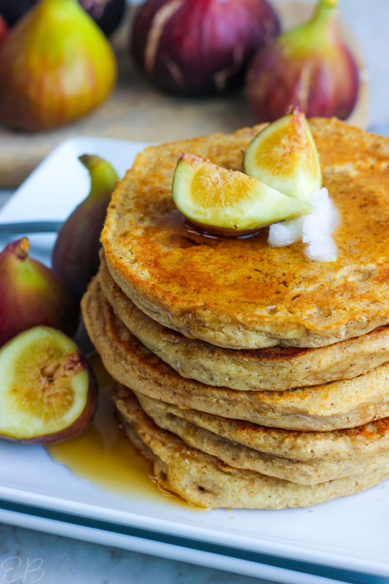 stacked best aip pancakes with syrup and figs