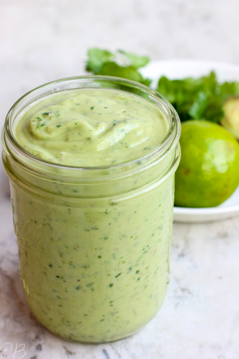 side angle view of mexican ranch dressing in mason jar