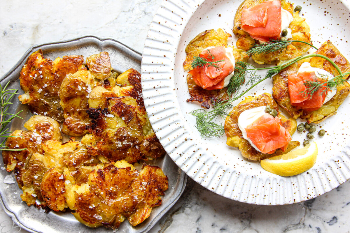 overhead view of 2 plates, one using smashed potatoes as an appetizer base