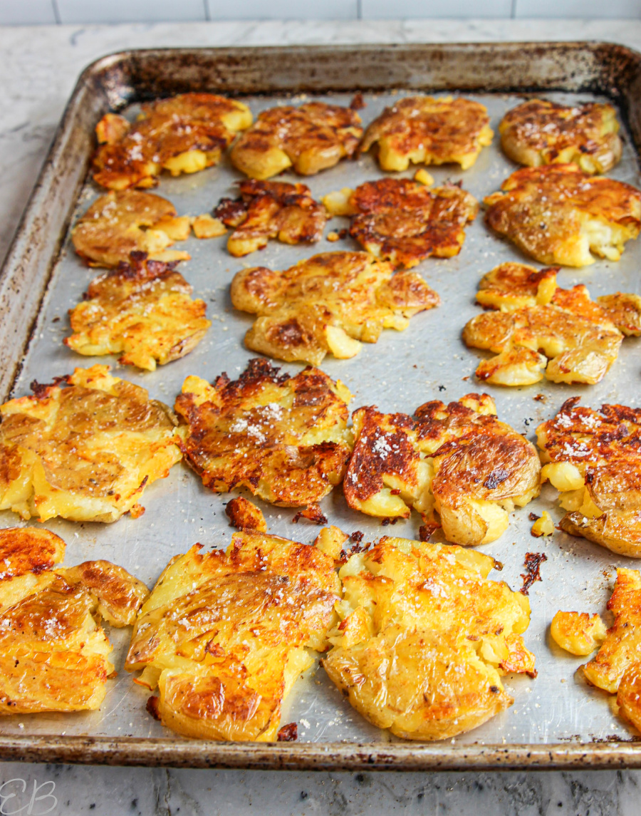 a whole pan of smashed potatoes