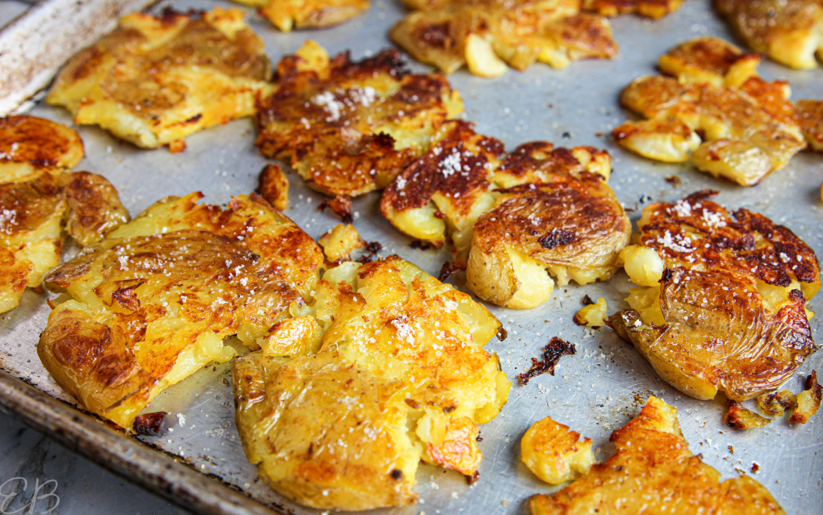 up close angled photo of smashed potatoes with resistant starch