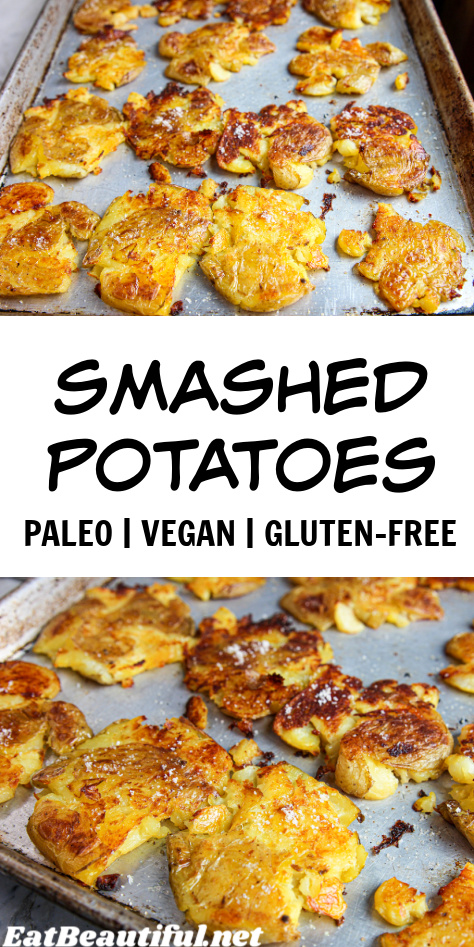 2 photos of smashed potatoes cooked on sheet pans