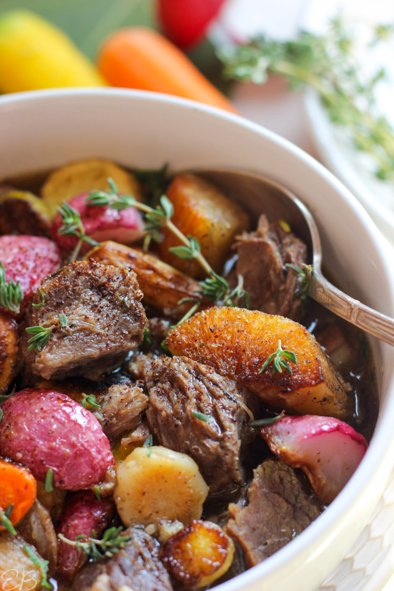 up close of bowl and spoon middle eastern beef stew