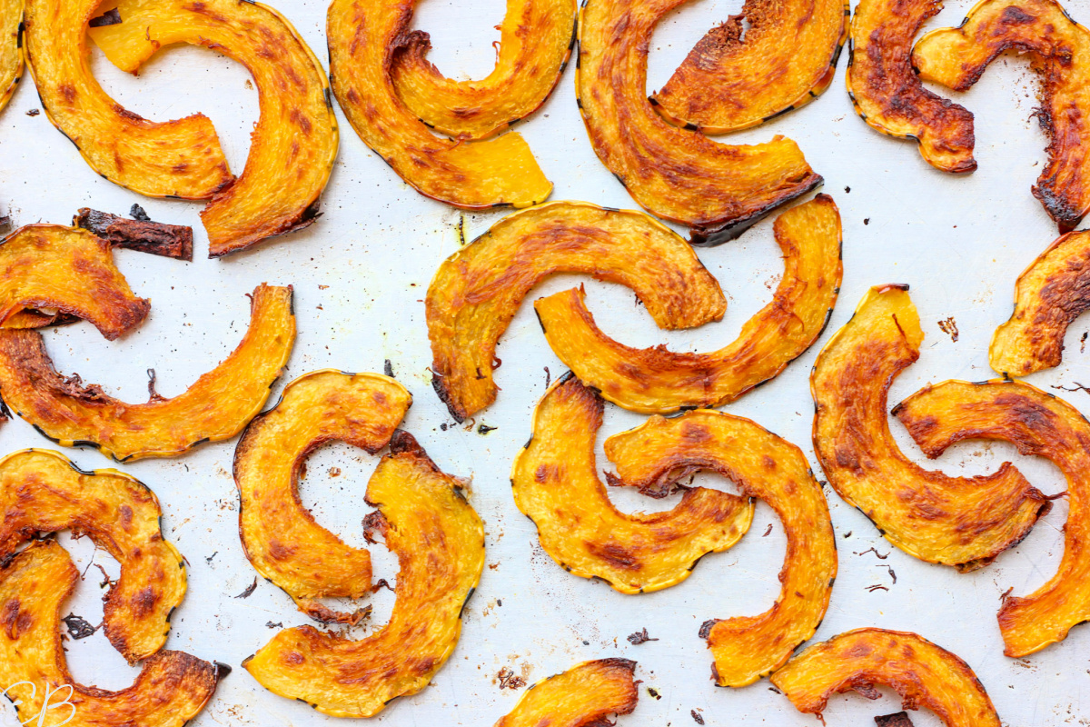roasted delicata squash slices on a sheet pan