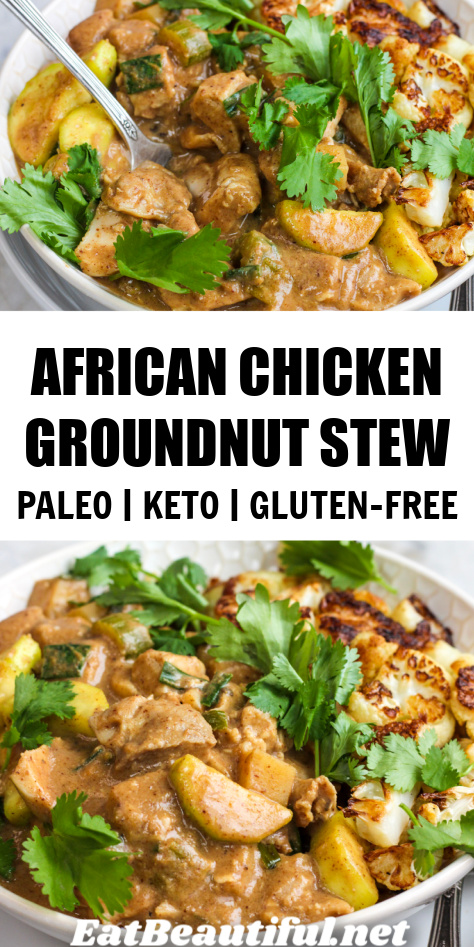 two photos of paleo keto chicken groundnut stew