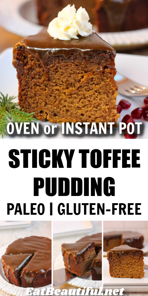 4 photos of paleo sticky toffee pudding with recipe title