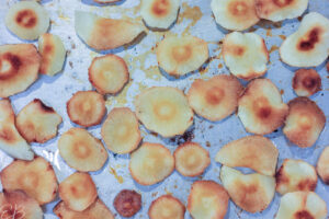 overhead view of roasted parsnip slices