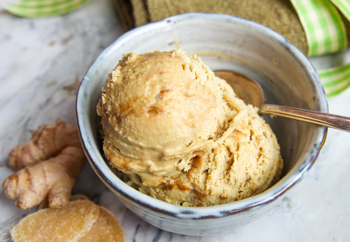 up close 2 scoops of spicy ginger swirl ice cream in bowl