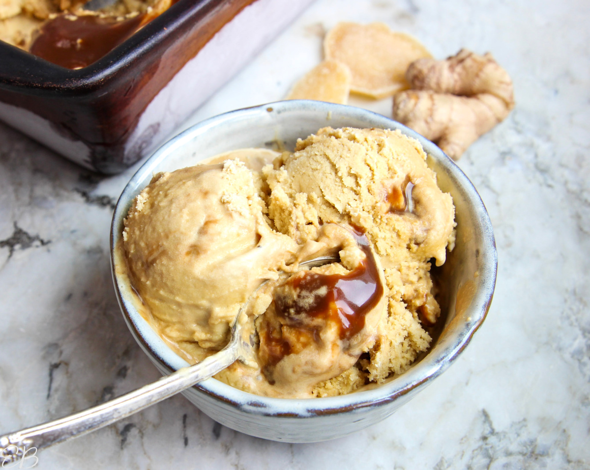 ginger caramel pouring out of spicy ginger ice cream