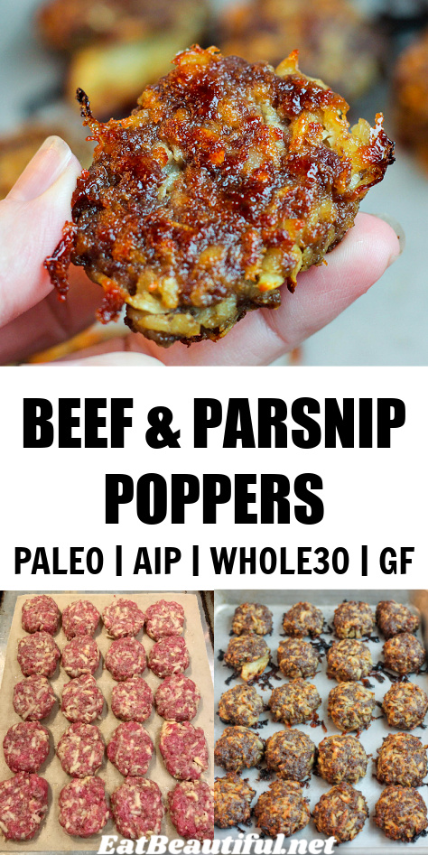 3 photos of Ground Beef and Parsnip Poppers with recipe title