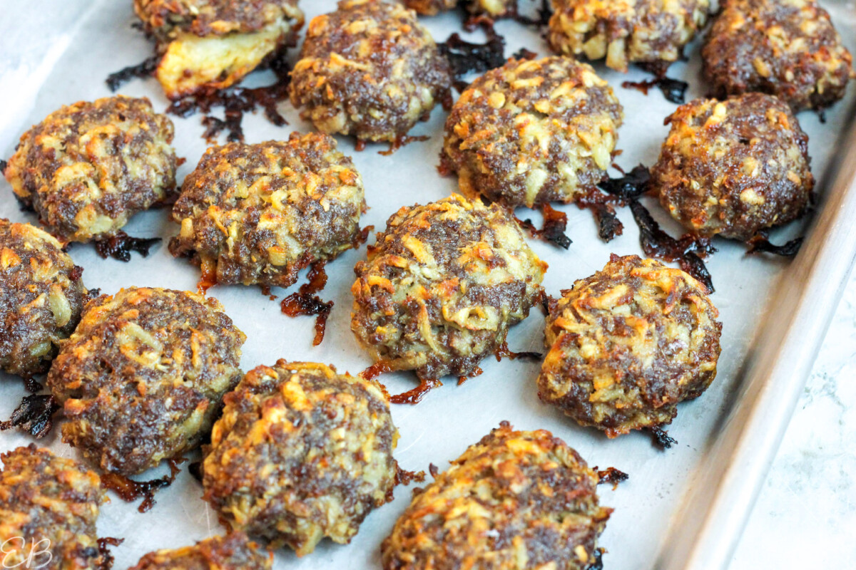 Ground Beef and Parsnip Poppers on a baking sheet after being baked