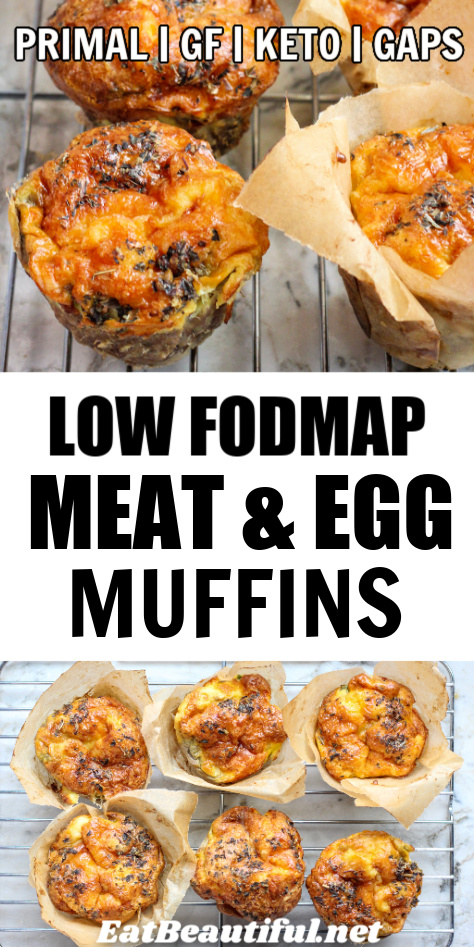 2 photos of low fodmap meat and egg muffins with recipe title