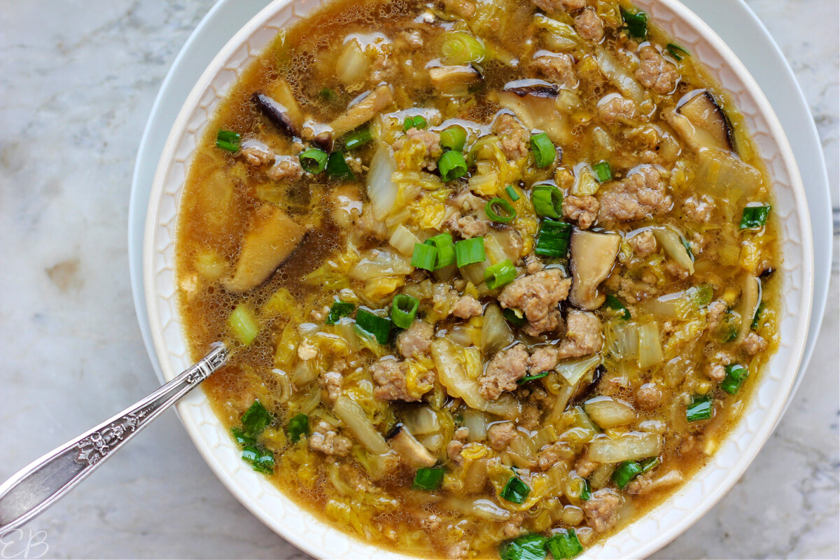 overhead view of potsticker soup