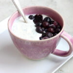 basil seed yogurt pudding with blueberries in dish