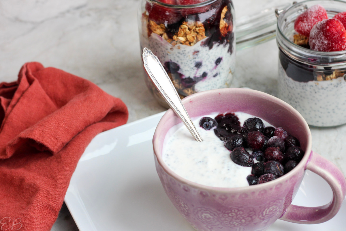 plain pudding with blueberries in pink mug
