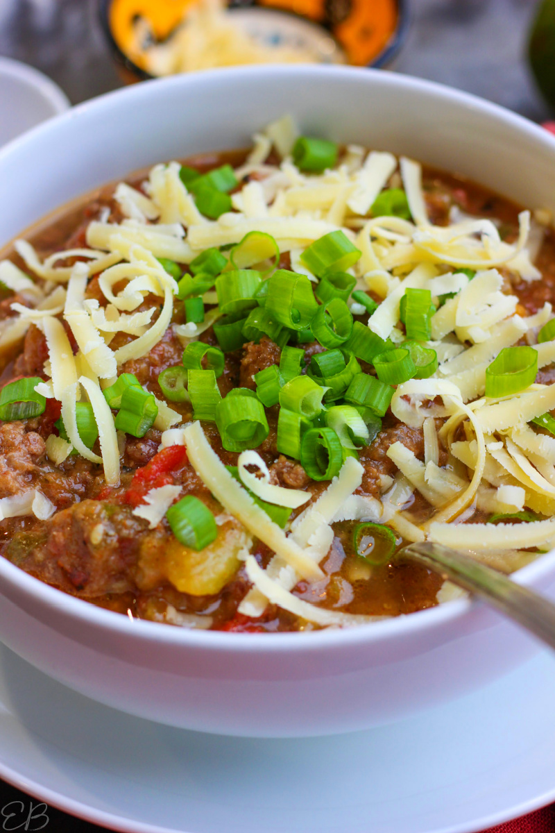 low fodmap chili topped with cheese in white bowl