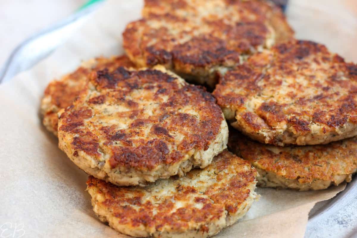 stacked on plate freshly cooked salmon patties