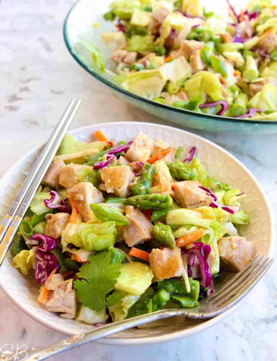 asian chopped chicken salad in white bowl with fork
