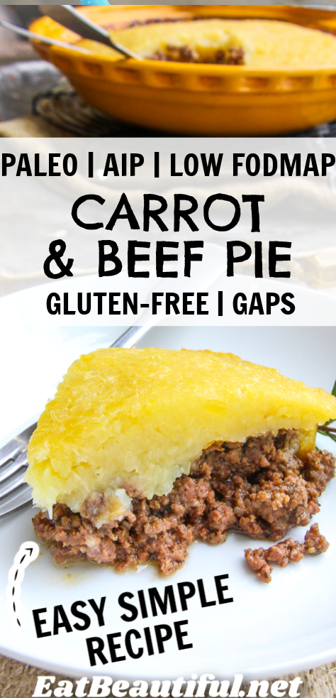 carrot and beef pie plated with recipe title