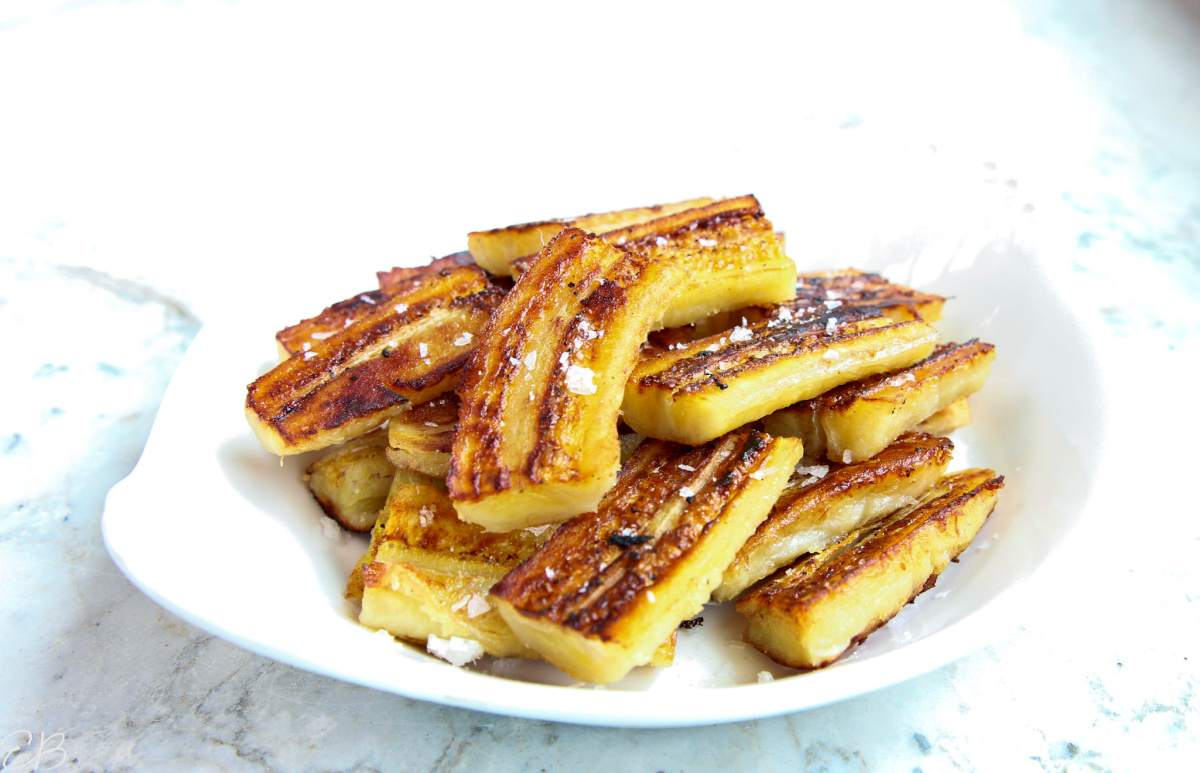 stack of Green Banana Fries on white plate