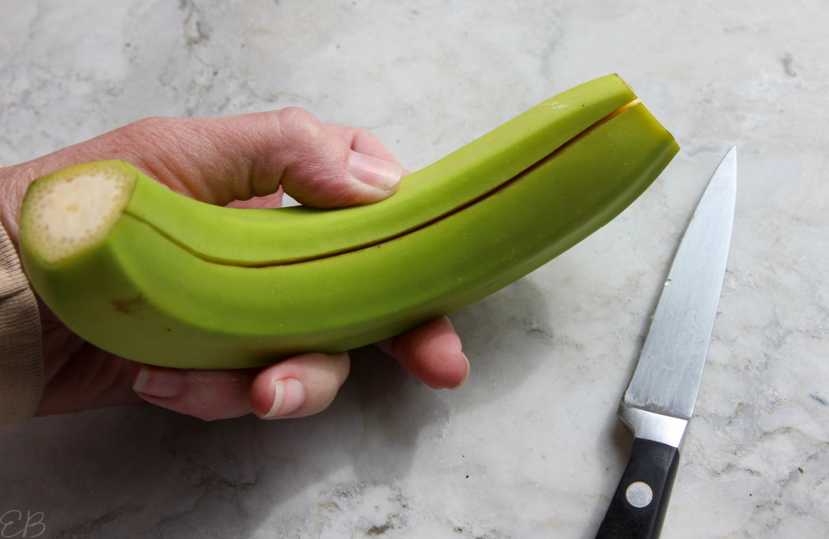 an incision down the length of a green banana, before boiling