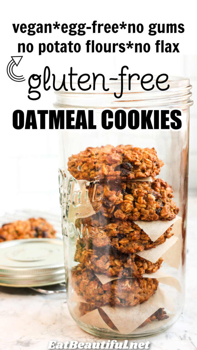 stacked oatmeal cookies in storage jar with recipe title