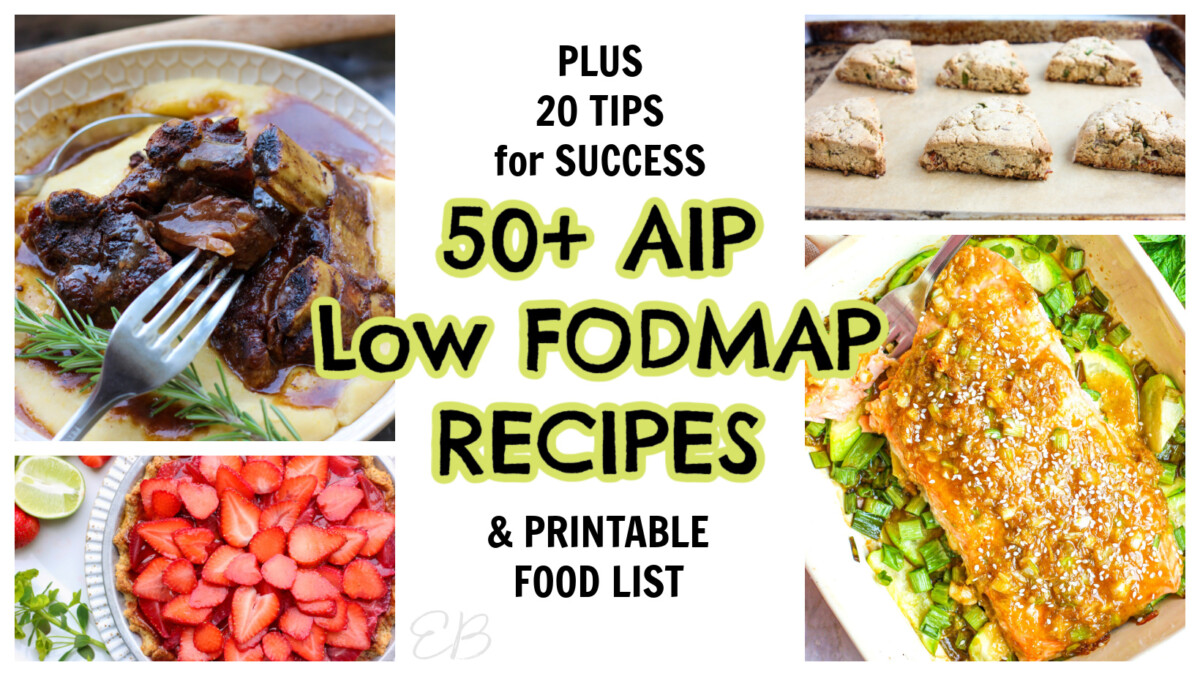 4 photos and article title: 50 aip low fodmap recipes