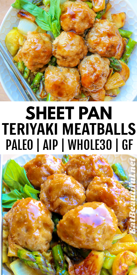 2 photos of sheet pan teriyaki meatballs up close with recipe title