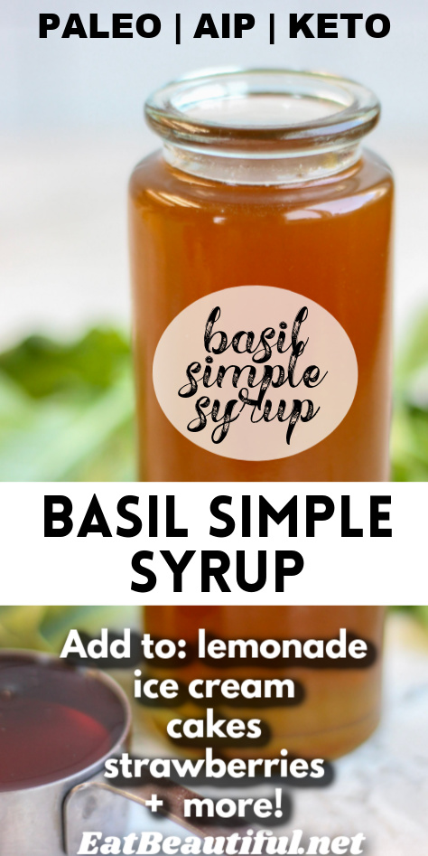 bottle of homemade basil simple syrup with label and recipe title