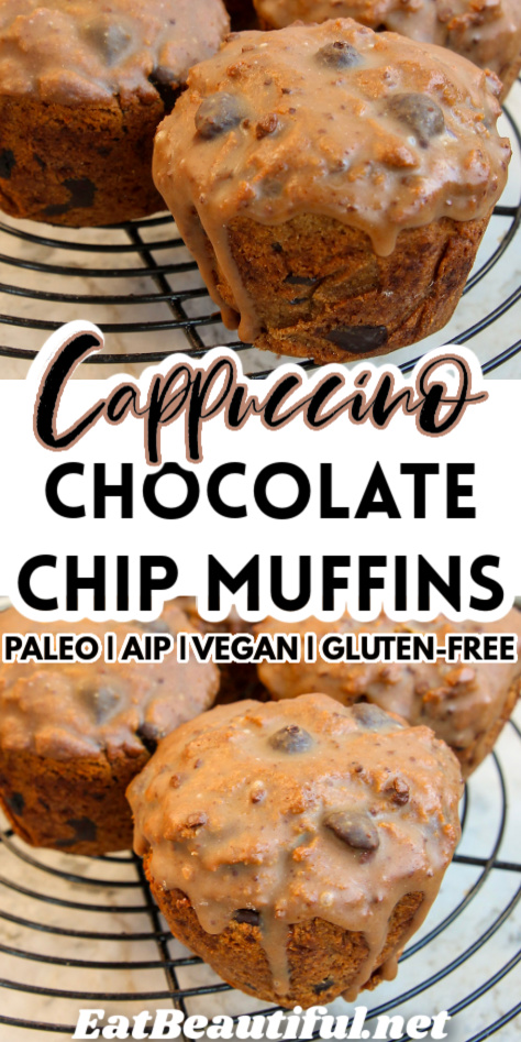 2 images of cappuccino chocolate chips muffins with recipe title