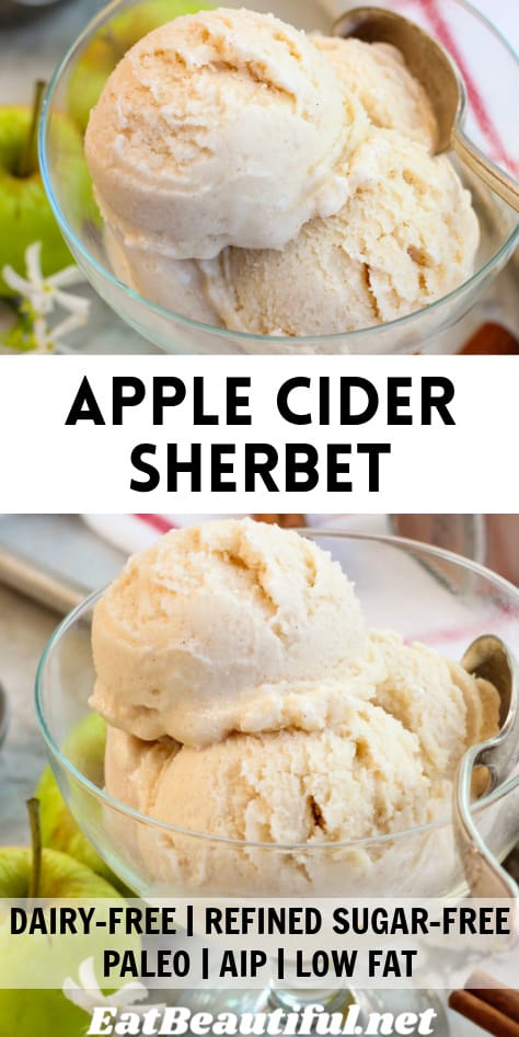 2 photos of apple cider sherbet with recipe title