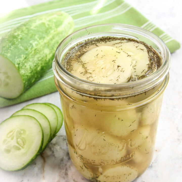 up close of jar of easy pickled cucumbers