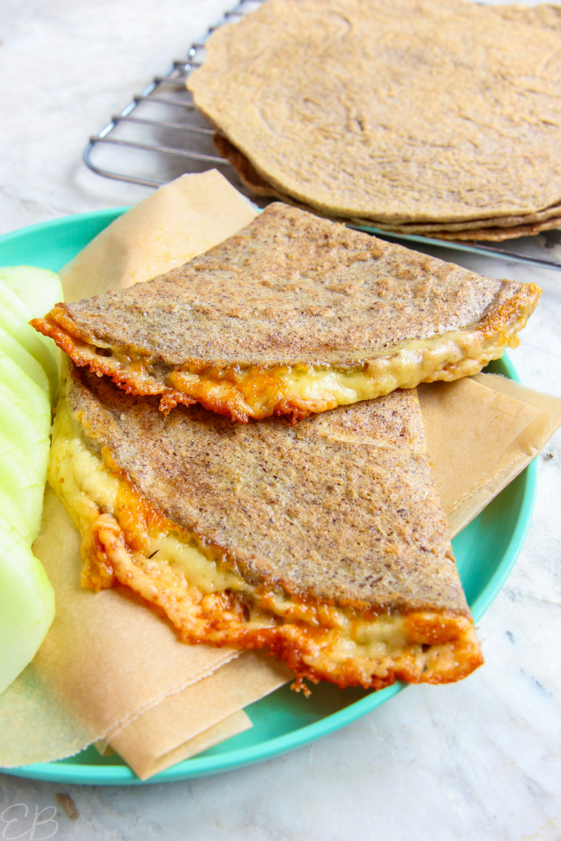 side angle view of keto low fodmap quesadillas on plate