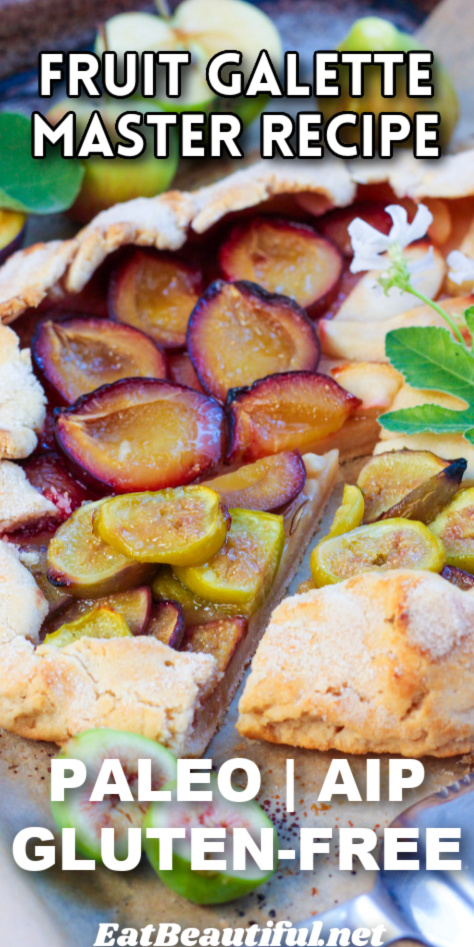 bright photo of paleo fruit galette with recipe title