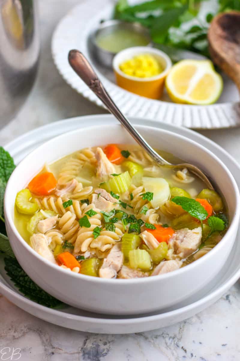Instant Pot Paleo Chicken Noodle Soup in white bowl