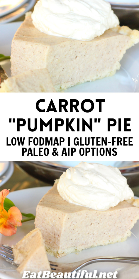 2 photos of white carrot pumpkin pie with recipe title