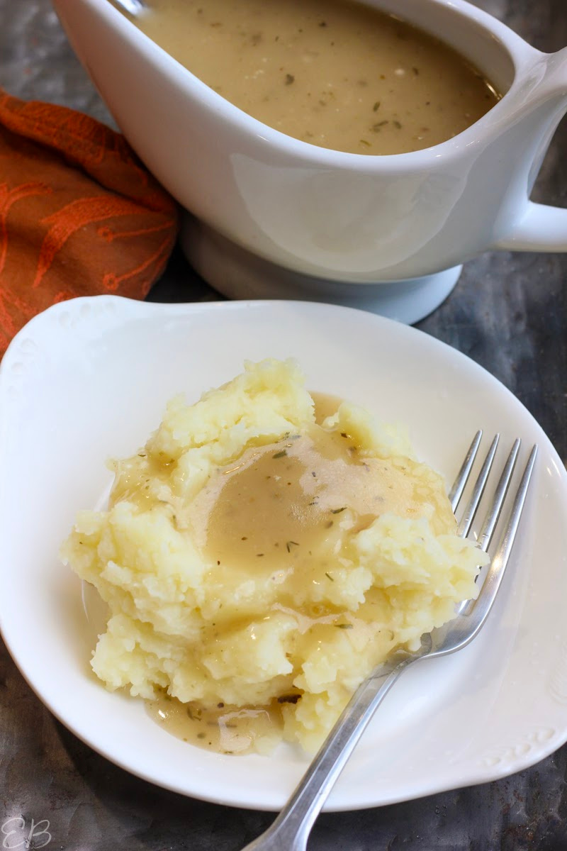 simple bone broth meat stock gravy on mashed potatoes