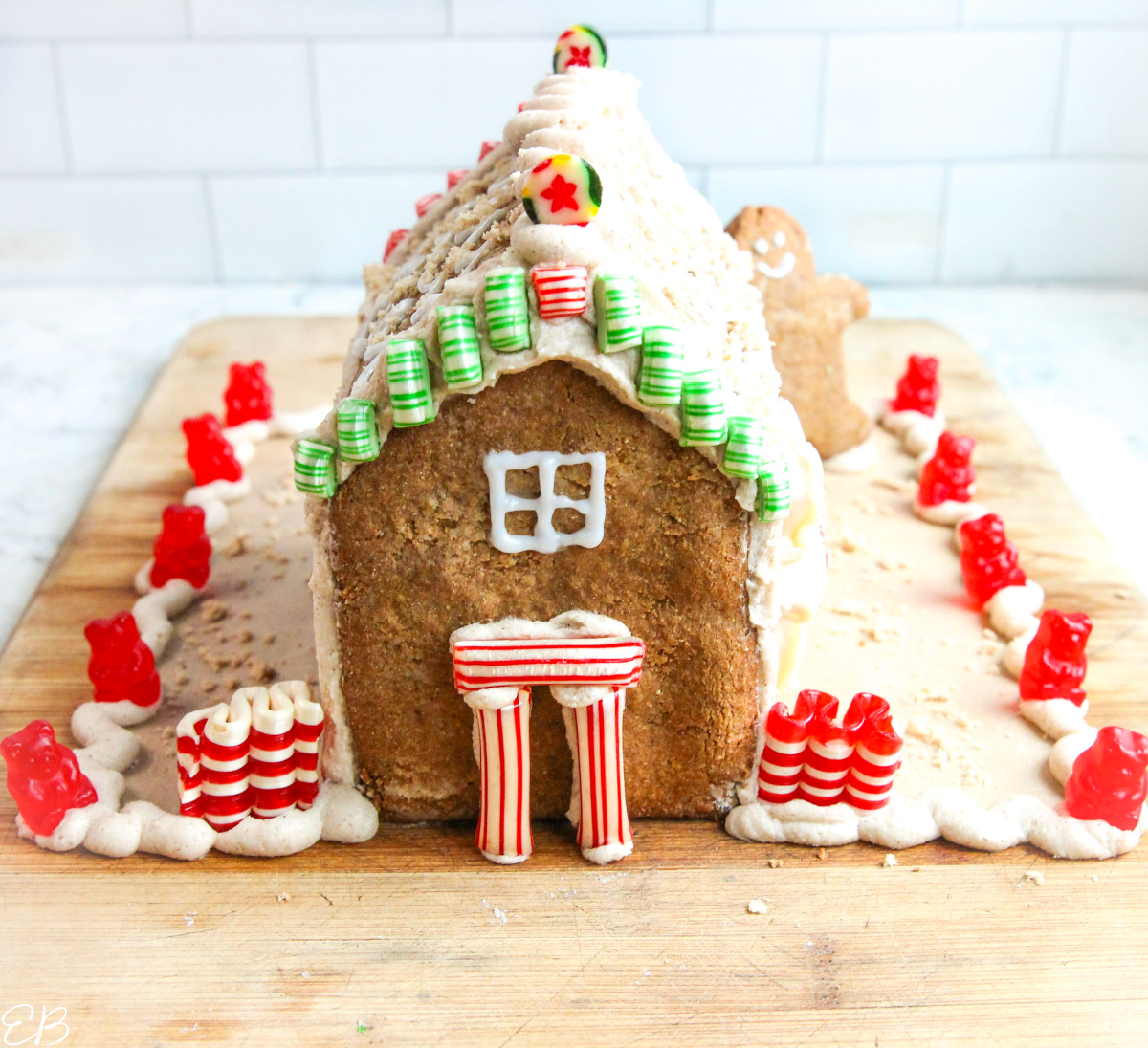aip gingerbread house by a sunny window