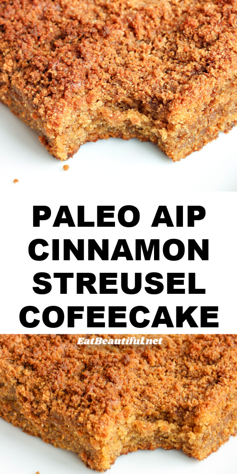 close up paleo aip coffeecake with one bite out and recipe title