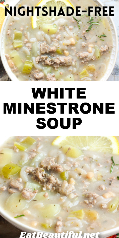 two photos and recipe title for White Minestrone Soup that's nightshade-free