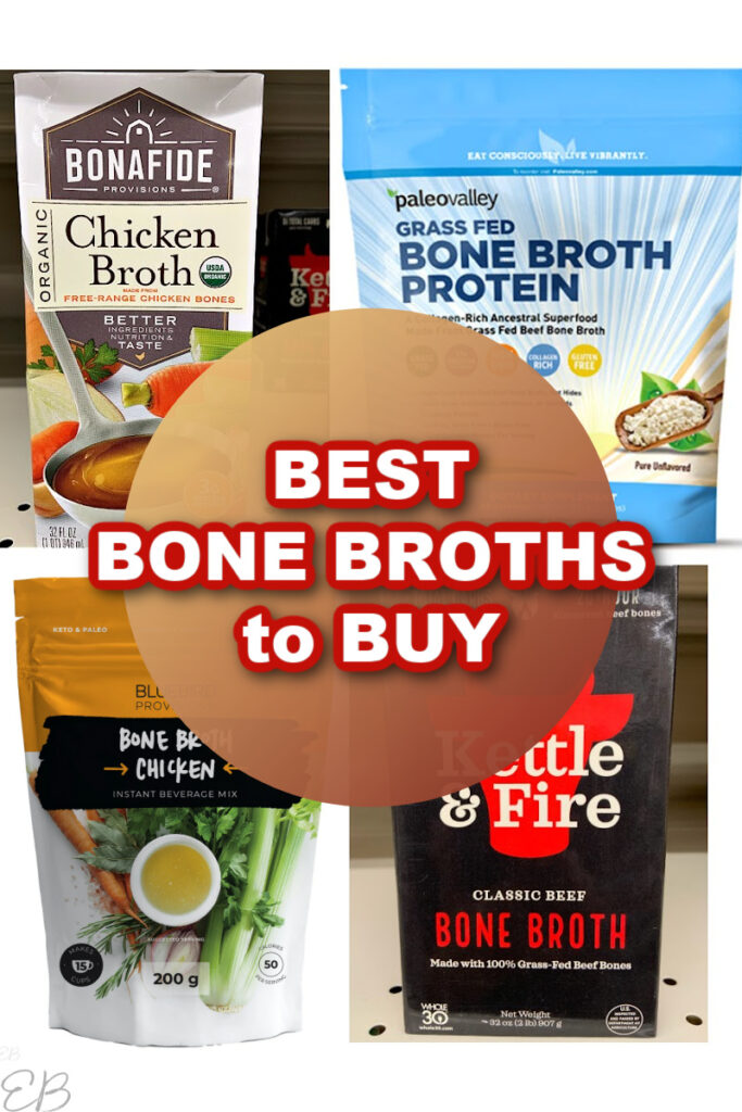 4 kinds of bone broth displayed with title: Best Bone Broths to Buy