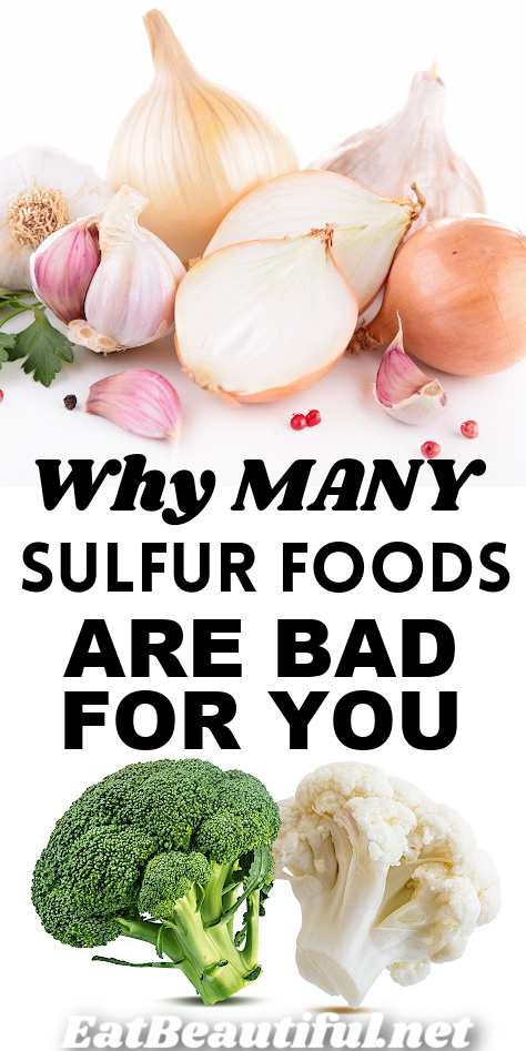 Why Many Sulfuric Foods are Bad for You over photos of garlic, onions, broccoli and cauliflower