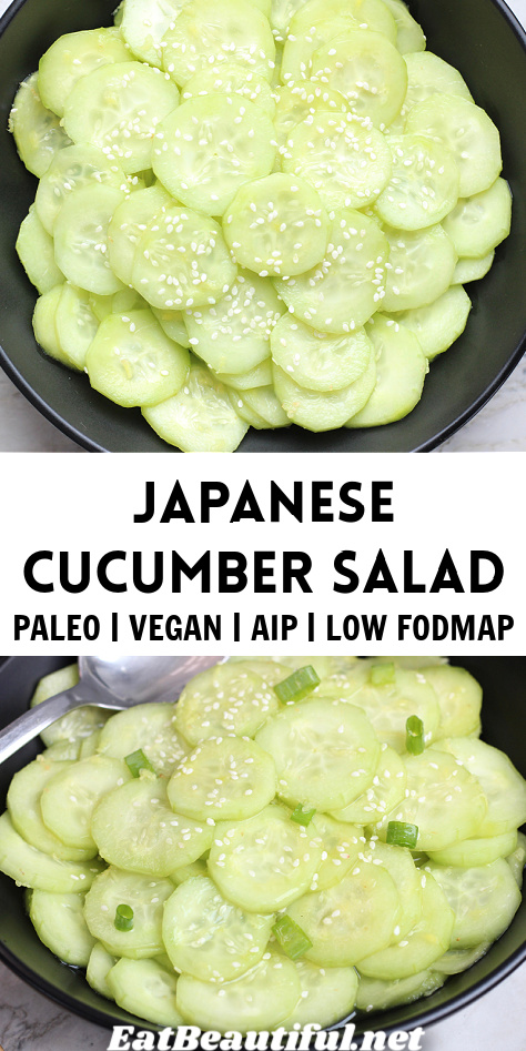 2 photos of japanese cucumber salad with recipe title