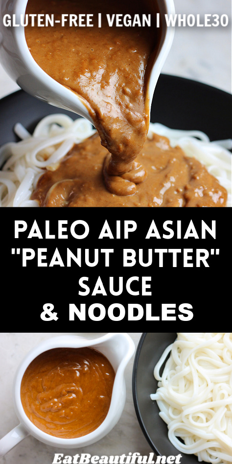 pouring paleo aip asian peanut butter sauce over noodles