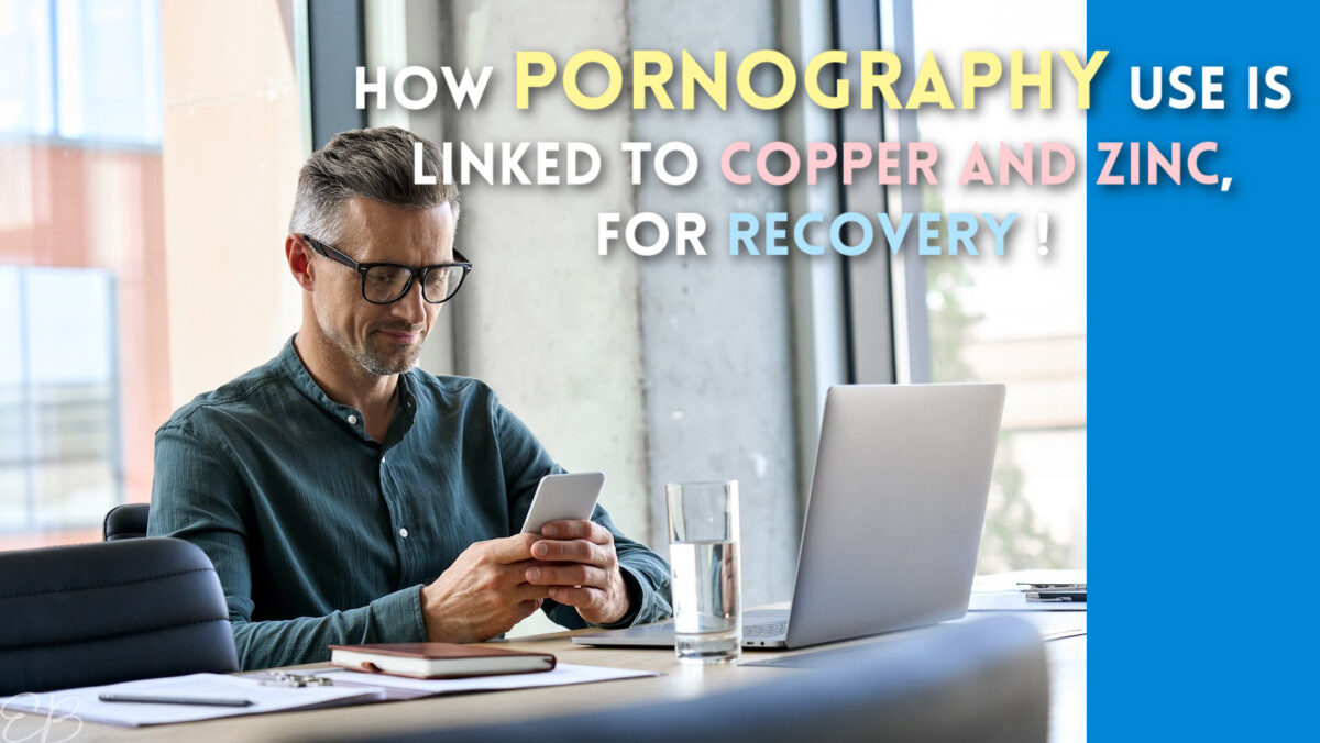 man looking at his phone, presumably at pornography, with article title about copper, zinc and recovery