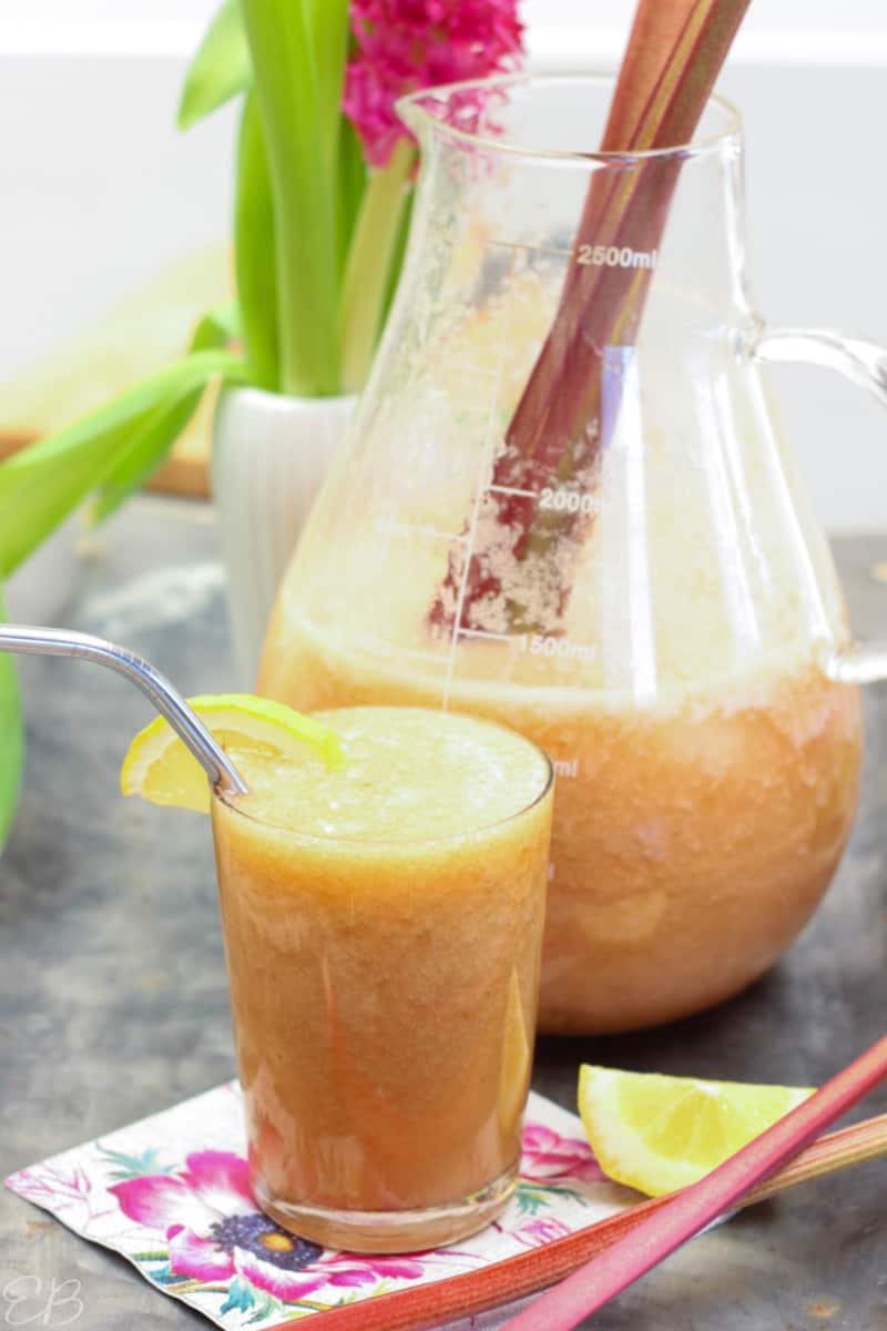 glass and pitcher of rhubarb lemonade