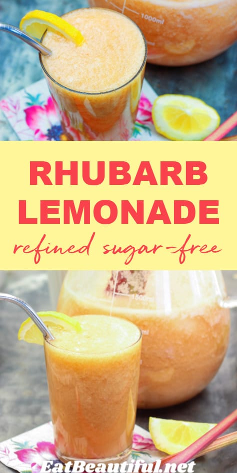 2 photos of refined sugar-free Rhubarb Lemonade with recipe title
