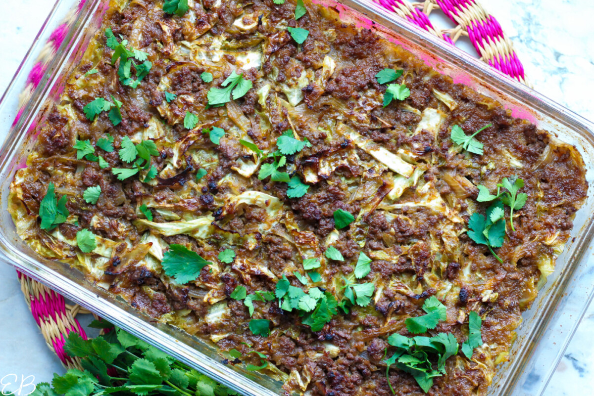 overhead view of gluten free chinese lazy cabbage roll casserole dish after being baked