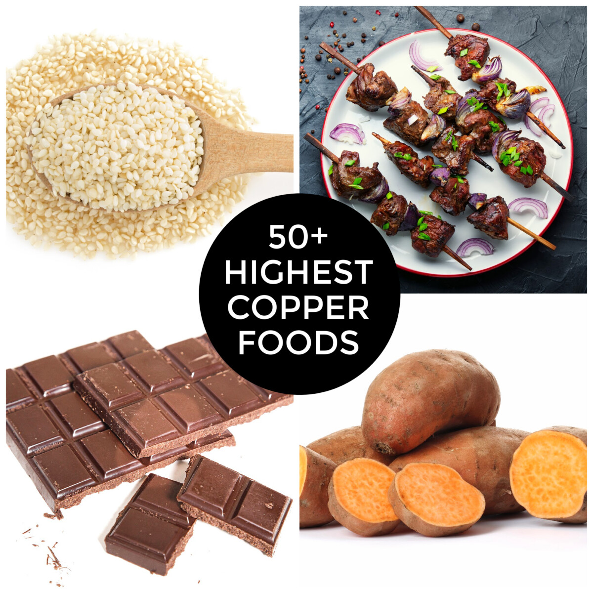 4 photos of high copper foods with article title: 50+ Highest Copper Foods overlay