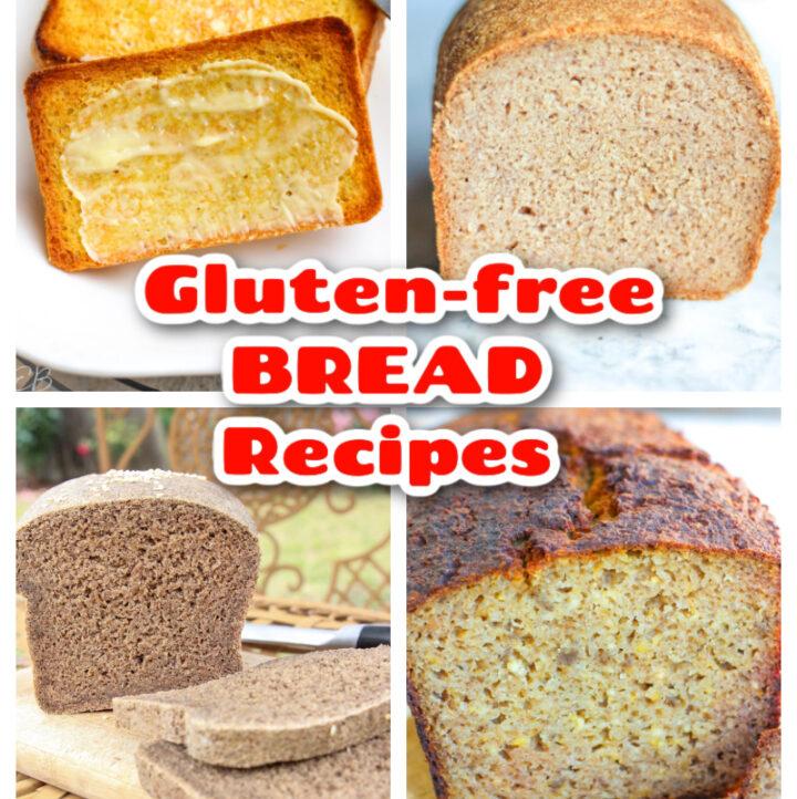 4 photos of no knead breads with text overlay: GLUTEN FREE BREAD RECIPES